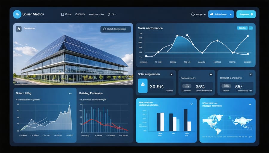 Smart building management system dashboard displaying solar system performance analytics