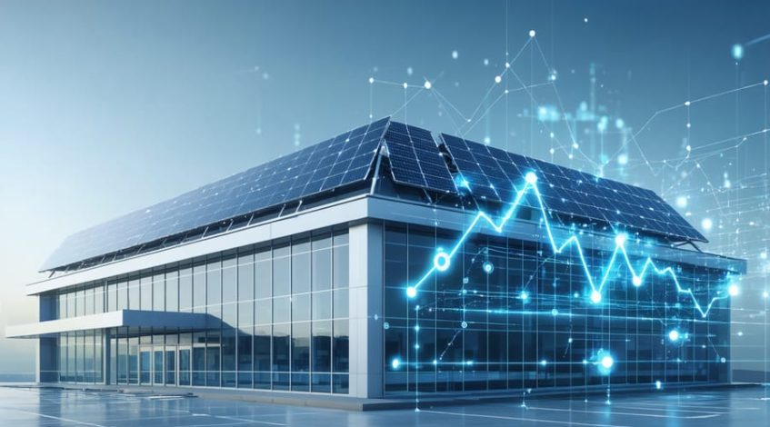 Conceptual illustration of a commercial building with rooftop solar panels, connected to a smart grid with digital lines, representing demand response and energy efficiency.