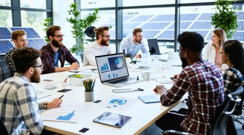 Entrepreneurs in a solar energy incubator workspace collaborating on innovative solar technology projects, with solar panel models and technical drawings visible.