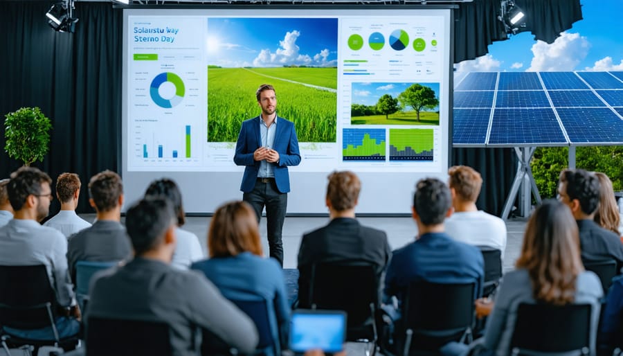 Entrepreneurs pitching solar technology to a group of investors during an incubator program showcase event