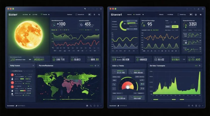 Split-screen image of a solar system monitoring dashboard showing normal and alert states of performance metrics, illustrating the importance of vigilant monitoring in solar system incident management.
