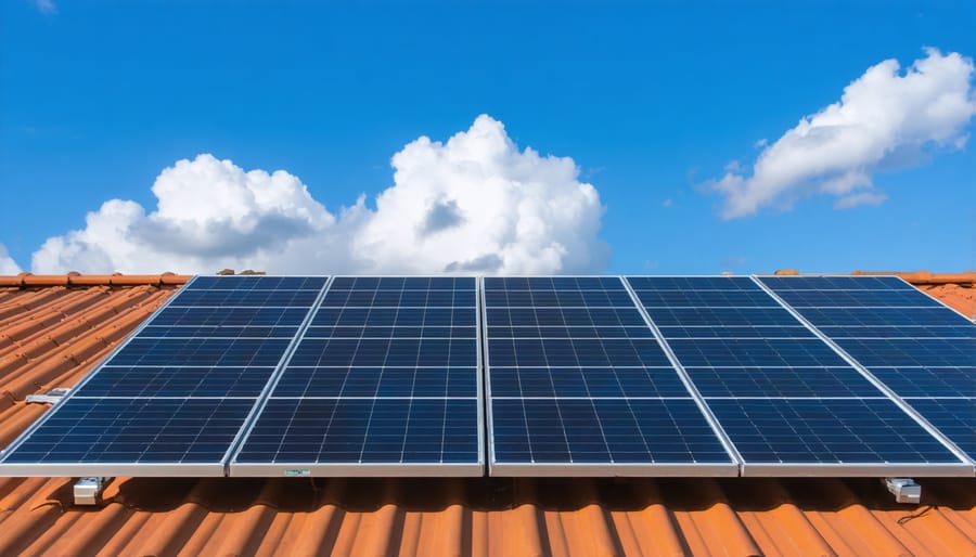 Solar technician inspecting commercial solar panel installation with digital tablet