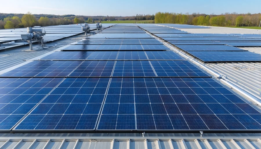 Aerial view of industrial rooftop solar thermal collector installation