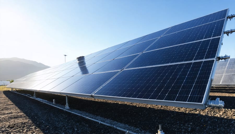 Solar panel installation next to thermal storage facility in desert setting