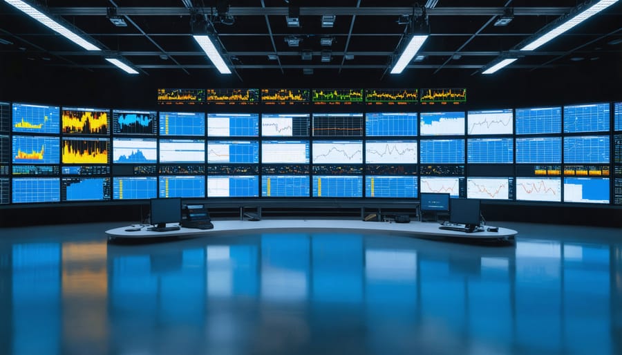 Modern trading desk setup with multiple monitors in corporate environment