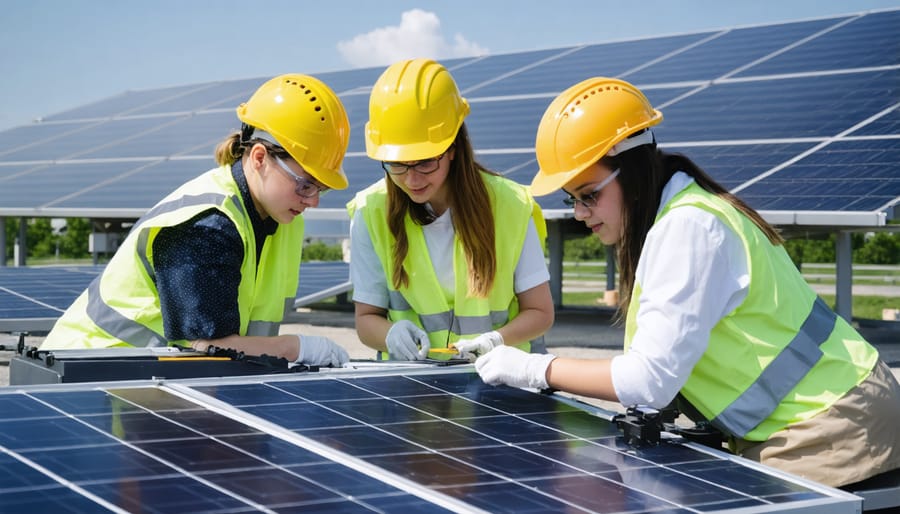 Students learning solar installation techniques in training facility with mock roof structures