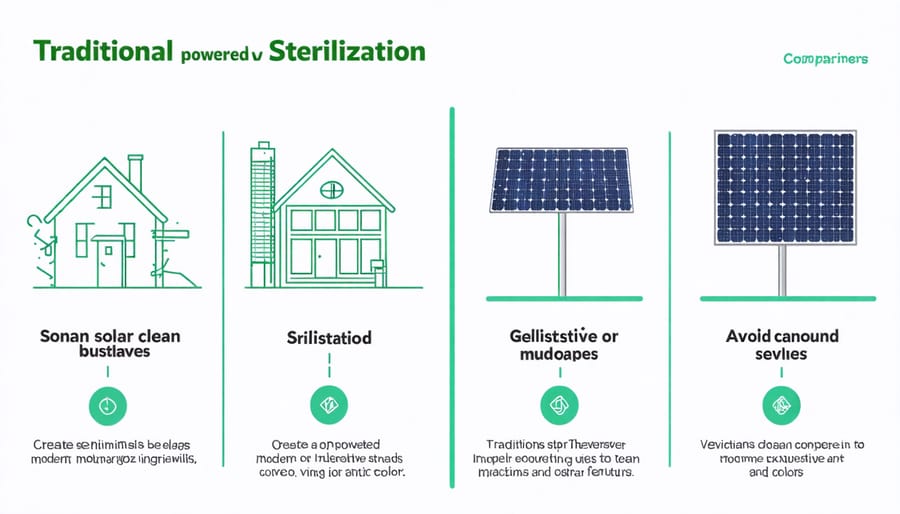 Visual chart comparing installation costs, operating expenses, and ROI between conventional and solar sterilization systems