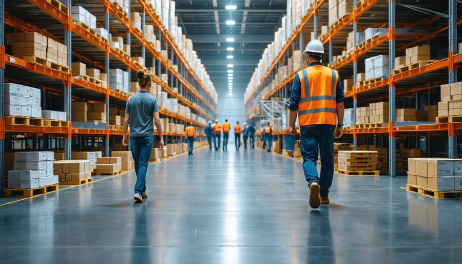 Warehouse professional and supplier discussing sustainability initiatives in modern facility