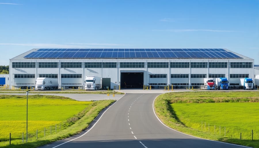 Modern warehouse facility with solar panels and electric delivery trucks at charging stations