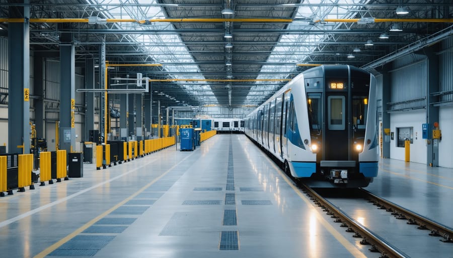 Aerial view of sustainable transportation hub with electric vehicles and solar power