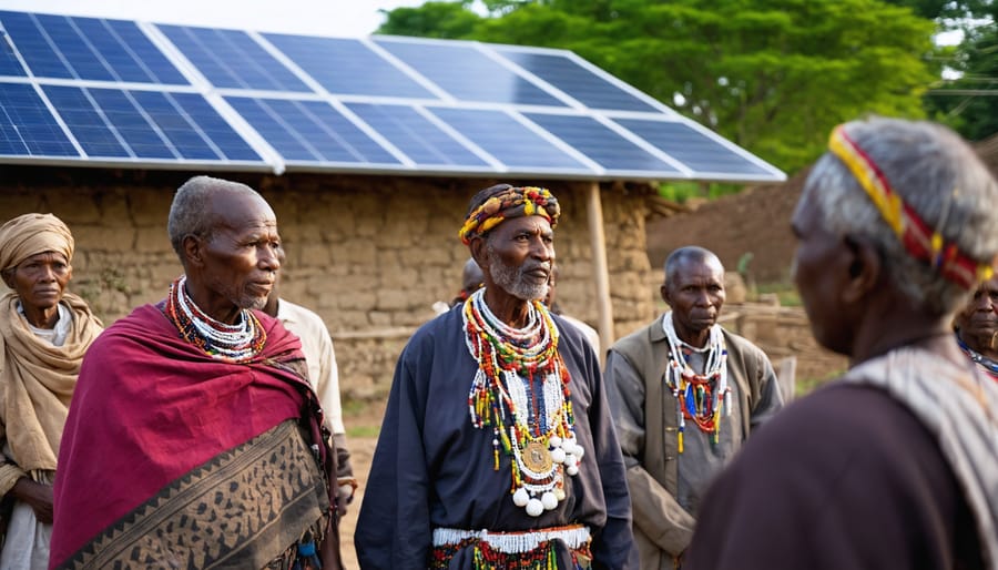 Tanzanian village elders in traditional meeting under acacia tree with solar panel visible
