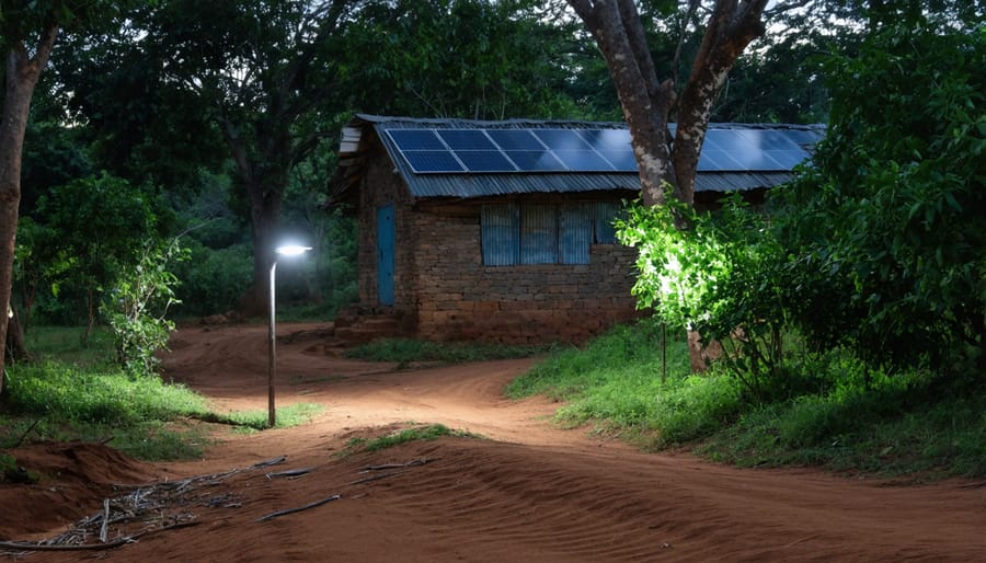 Nighttime view of Tanzanian village with solar-powered lights glowing from homes