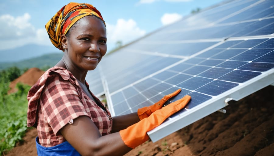 Woman installing solar panel on traditional Tanzanian home