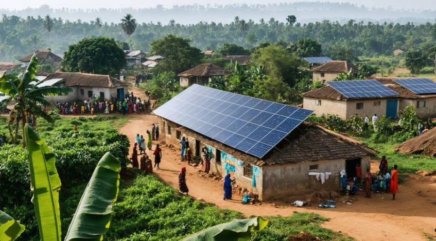 "A Tanzanian village with solar panels on homes, set against lush greenery and traditional architecture, representing the integration of sustainable energy."