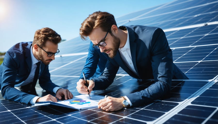 Business team reviewing solar energy trading results together