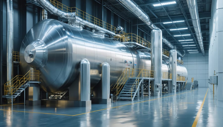 Large cylindrical thermal storage tank with metallic finish in industrial facility