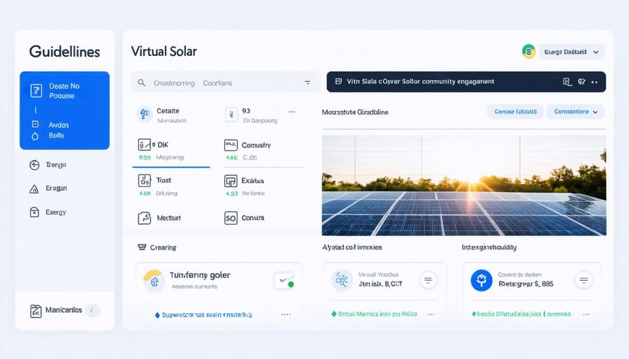 Digital platform interface displaying solar energy production, community savings, and social interactions