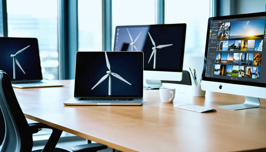 Professional team collaborating on wind energy communications in office