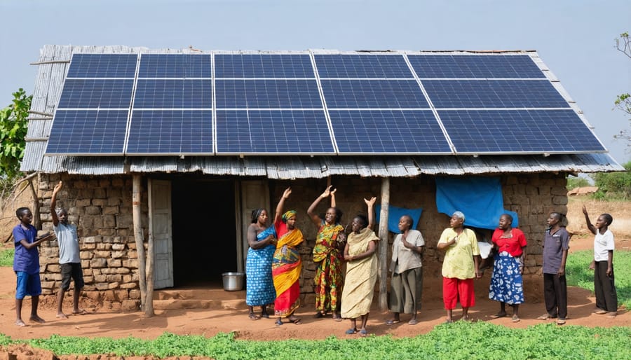 Local community members installing solar panels on a thatched-roof house in rural Zambia