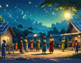 A lively village scene in rural Zambia showcasing community-driven solar energy use, with people engaging around solar panels and a charging station, highlighting the economic and social transformation through solar microfinancing.