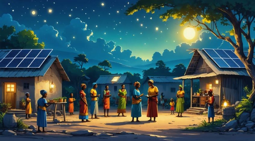 A lively village scene in rural Zambia showcasing community-driven solar energy use, with people engaging around solar panels and a charging station, highlighting the economic and social transformation through solar microfinancing.