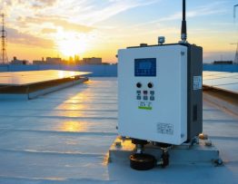 Close-up of a 5G smart meter with antenna next to a solar inverter on a commercial rooftop, solar panels receding into the distance and a soft city skyline with cell tower in the background.