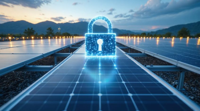 Commercial solar farm at ground level during golden hour, inverter cabinet in foreground, with a subtle translucent chain-link and padlock hologram overlay representing blockchain security; panels recede toward a distant substation and low hills.