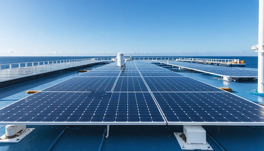 Solar panel arrays installed on cargo ship deck with ocean in background