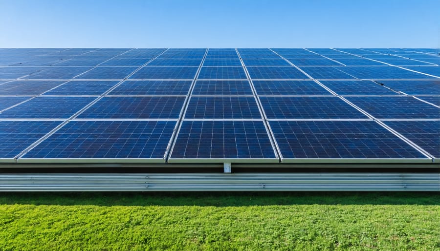 Modern office meeting space with solar panel installation visible through windows
