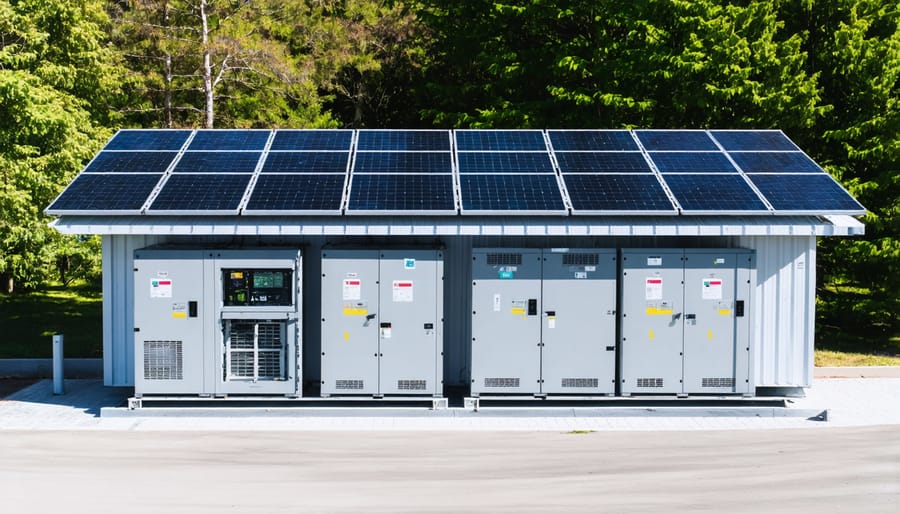 Industrial battery storage containers and solar panel arrays in remote off-grid location