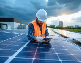 Facility manager in hard hat inspecting commercial rooftop solar panels with a tablet at golden hour, storm clouds on the horizon, with distant skyline and weatherproof battery enclosures in the background.