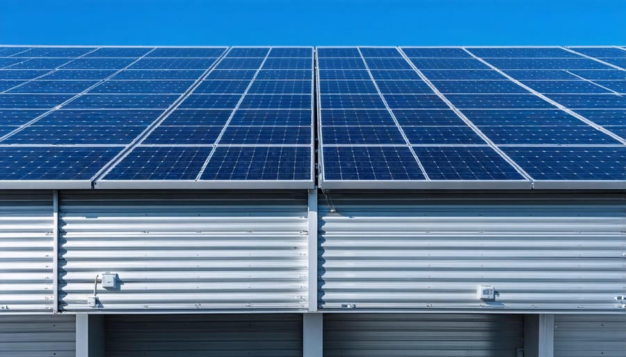 Large-scale commercial solar panel array on industrial building rooftop
