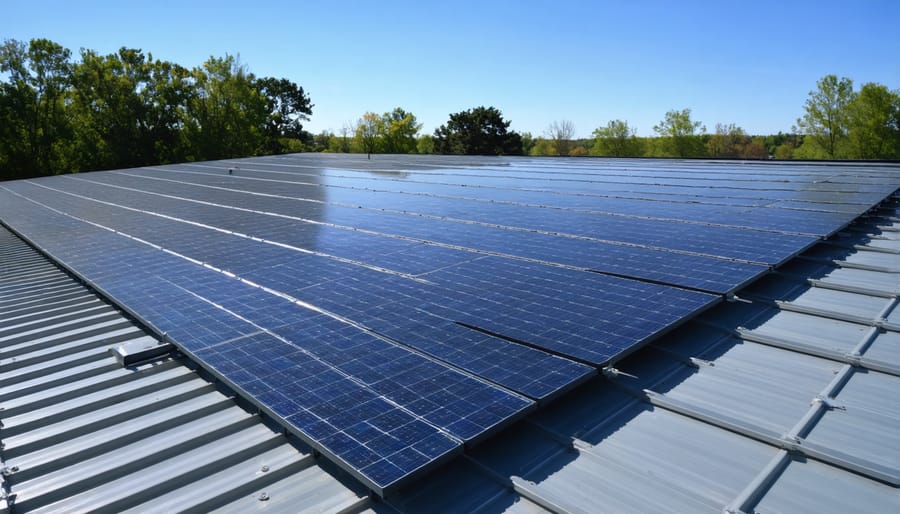 Large commercial solar panel installation on industrial warehouse rooftop