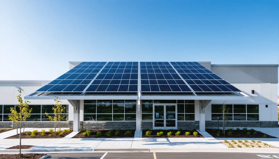 Aerial view of commercial building with extensive rooftop solar panel installation