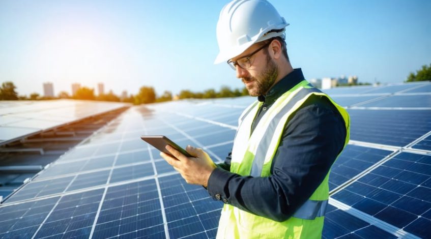 Facility manager in a hardhat holding a tablet beside rows of rooftop solar panels at golden hour, with a soft city skyline and trees in the background.