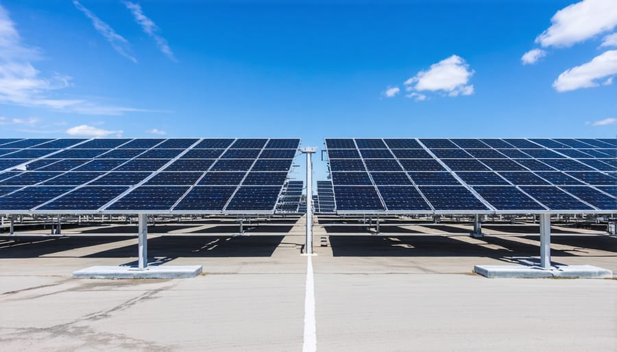 Aerial view of commercial solar facility with security lighting and infrastructure at dusk
