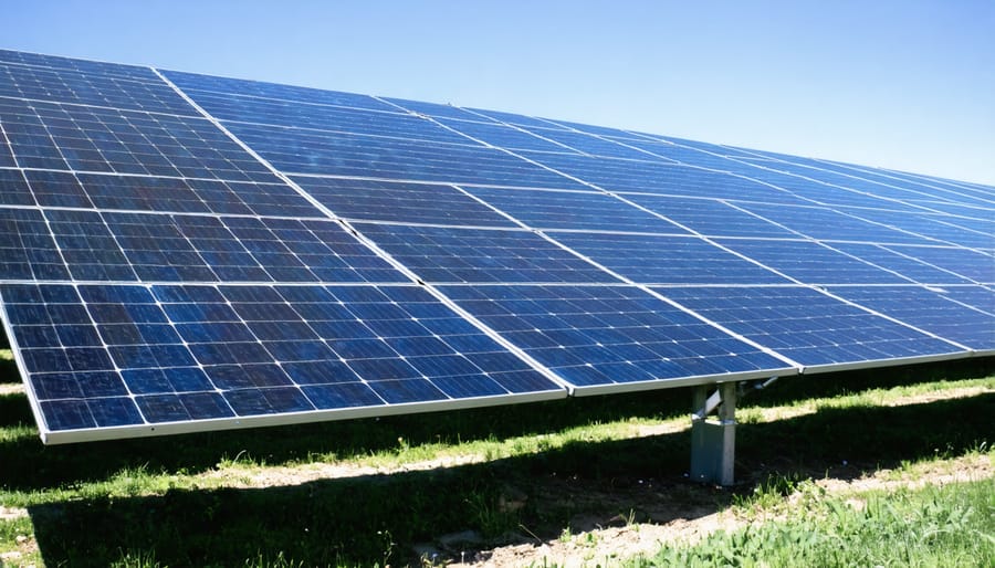 Community solar installation with battery storage and city skyline in background