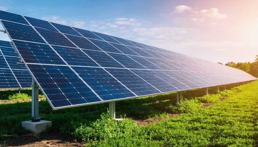 Large-scale community solar farm with rows of solar panels under blue sky