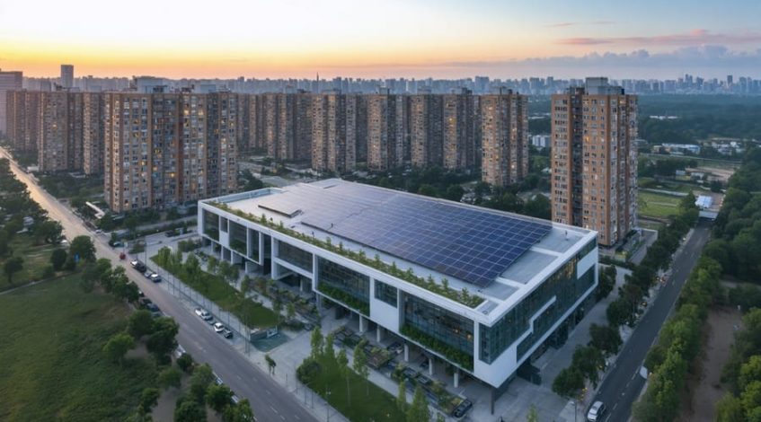 A low drone, three-quarter aerial view of a modern city block with rooftop solar panels, a ground-level battery storage yard, EV chargers, and tree-lined streets at golden hour, with the distant skyline softly blurred.