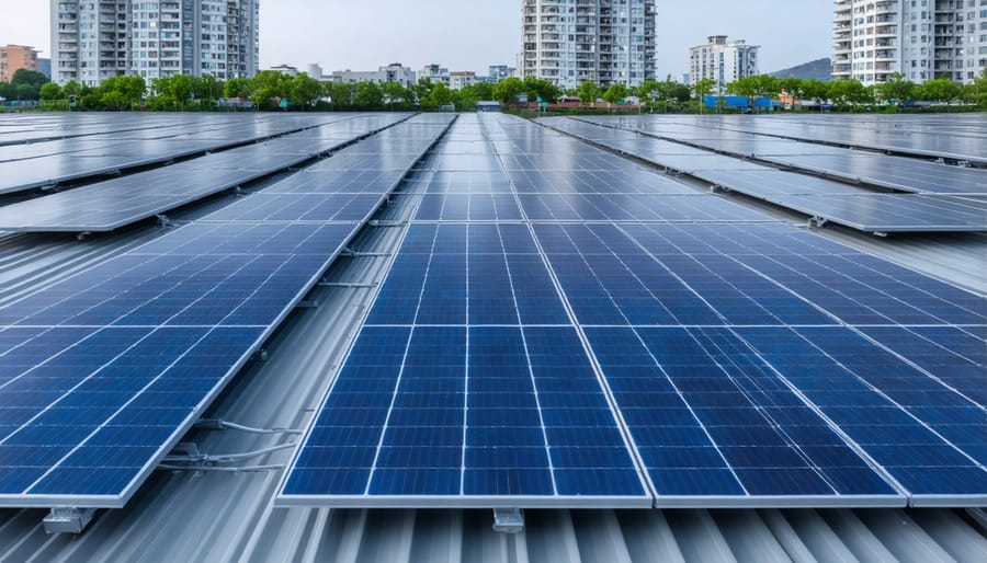 Aerial view of urban neighborhood with interconnected rooftop solar panel installations