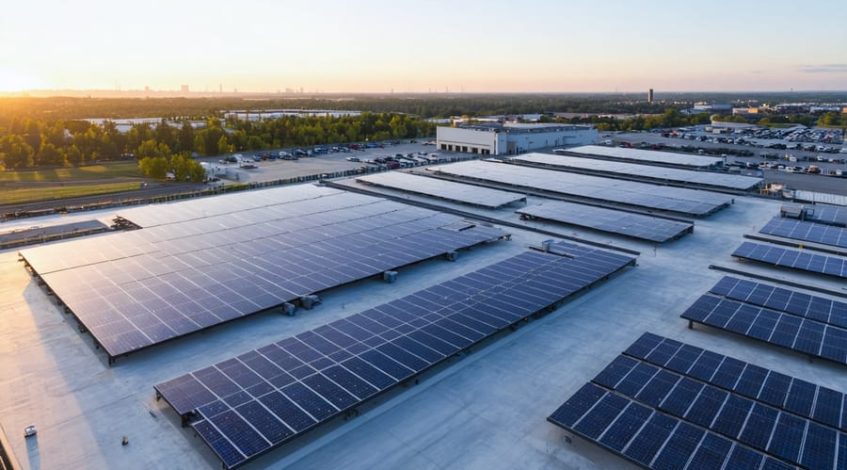 A 45-degree aerial view of a commercial facility with rooftop solar panels and adjacent battery storage units at golden hour, with distant transmission lines and a soft city skyline in the background.