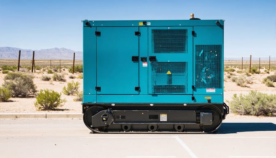 Weathered diesel generator with fuel barrels at remote industrial facility