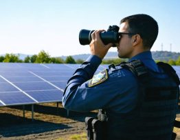 Security officer in tactical vest watching over an expansive utility-scale solar farm through binoculars at golden hour, with chain-link fence, surveillance camera mast, unmarked patrol SUV, and a distant substation visible.