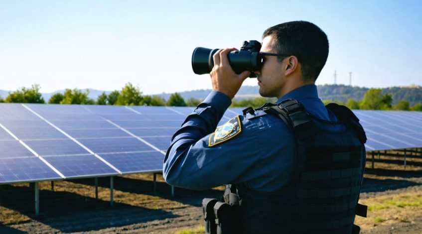 Security officer in tactical vest watching over an expansive utility-scale solar farm through binoculars at golden hour, with chain-link fence, surveillance camera mast, unmarked patrol SUV, and a distant substation visible.