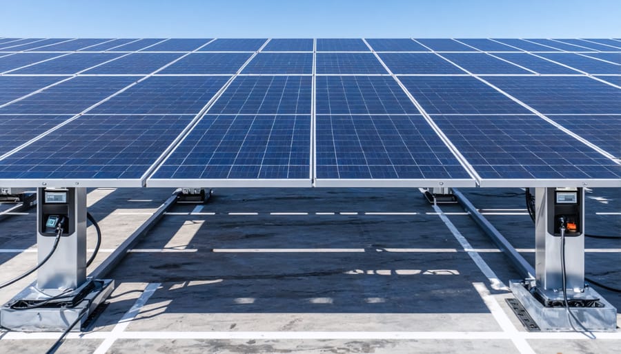 Electric vehicles charging under solar panel canopy in workplace parking area