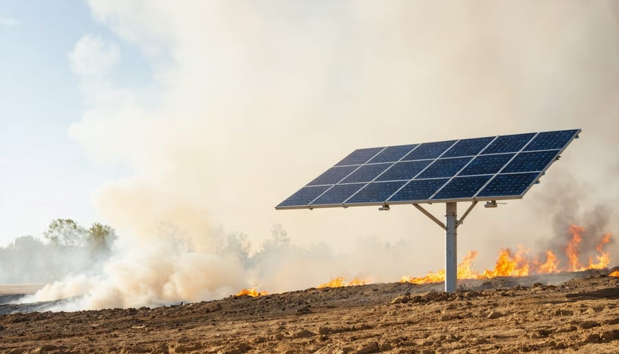 Close-up of fire-resistant solar panel mounting hardware and metal racking system