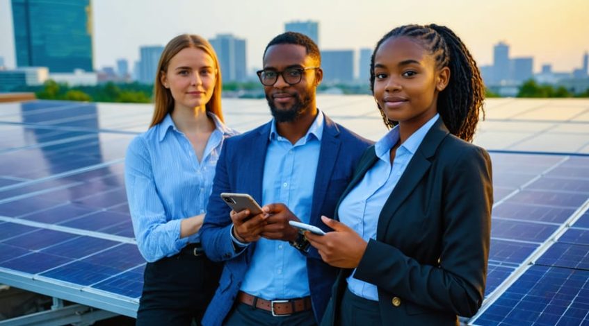 Diverse young professionals on a modern office rooftop beside reflective solar panels at sunset, one taking a photo, with a softly blurred city skyline.