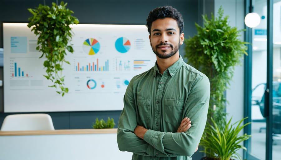 Young professionals collaborating in modern office environment discussing sustainability initiatives