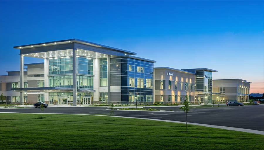 Hospital building with rooftop solar panels at dusk showing continuous operation