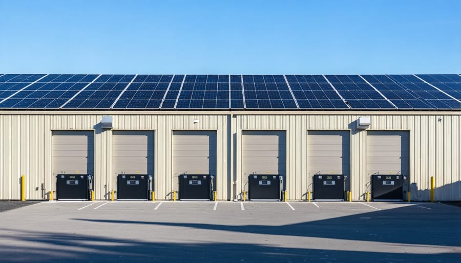 Industrial battery energy storage system installed at warehouse facility with solar panels